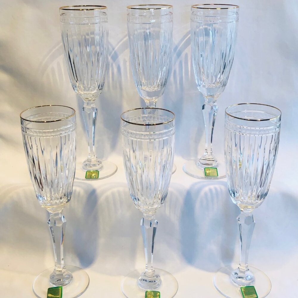 Set of 6 Waterford Crystal Hanover Gold Champagne Flutes. New in Box